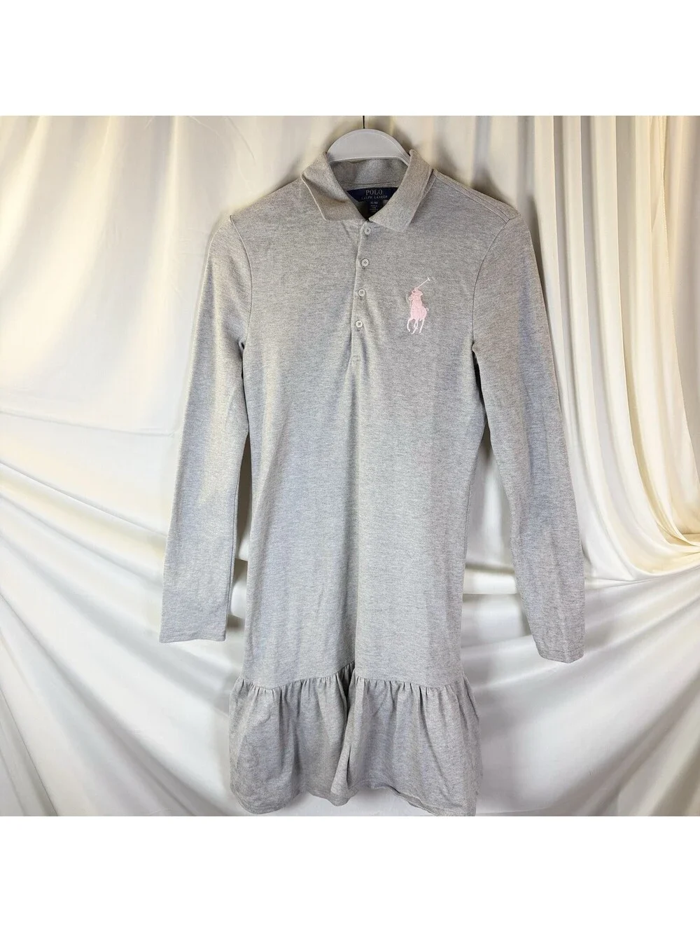 Ralph Lauren Girls Polo Dress XL (16) Gray w Large Embroidered Pink Pony